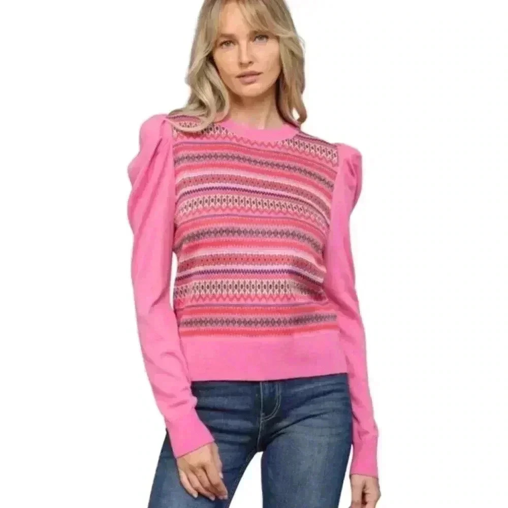 Fate Pink Patterned Puff-Sleeve Sweater